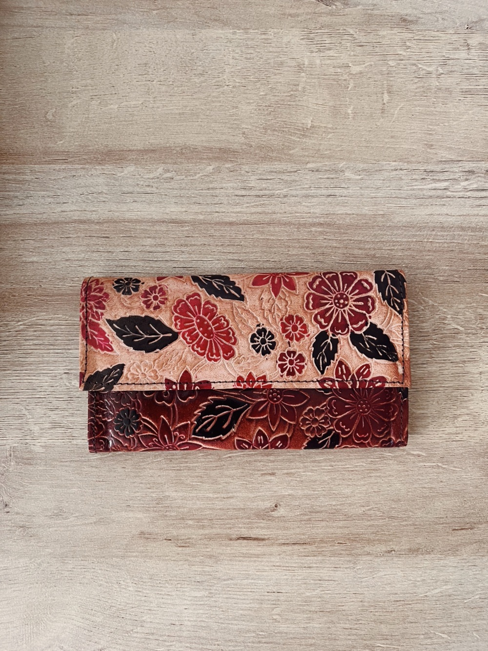 UO Vegan Leather Floral Embossed Foldover Wallet